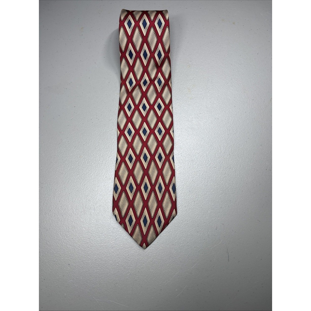 Brooks Brothers Deep Red Blue Beige Khaki Geometric 100% Silk Necktie Made USA